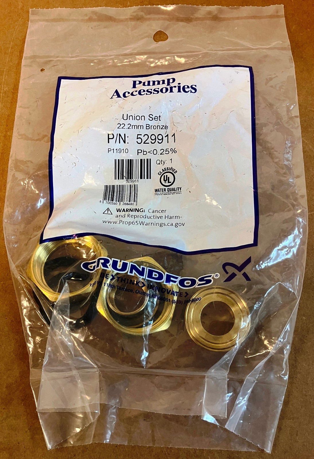 Grundfos UP15-29SU Circulation Pump & P/N 529911 22.2 mm Union Set