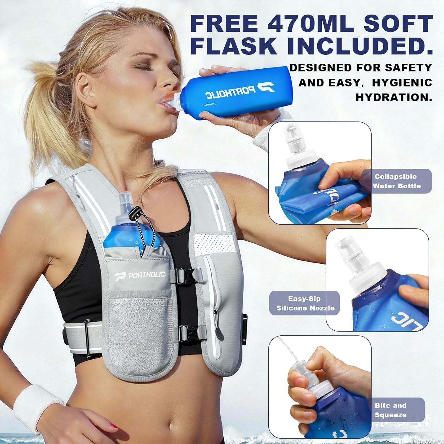 PORTHOLIC Running Vest for Women Men with 500ml/17oz Water Bottle |Adjustable Hy