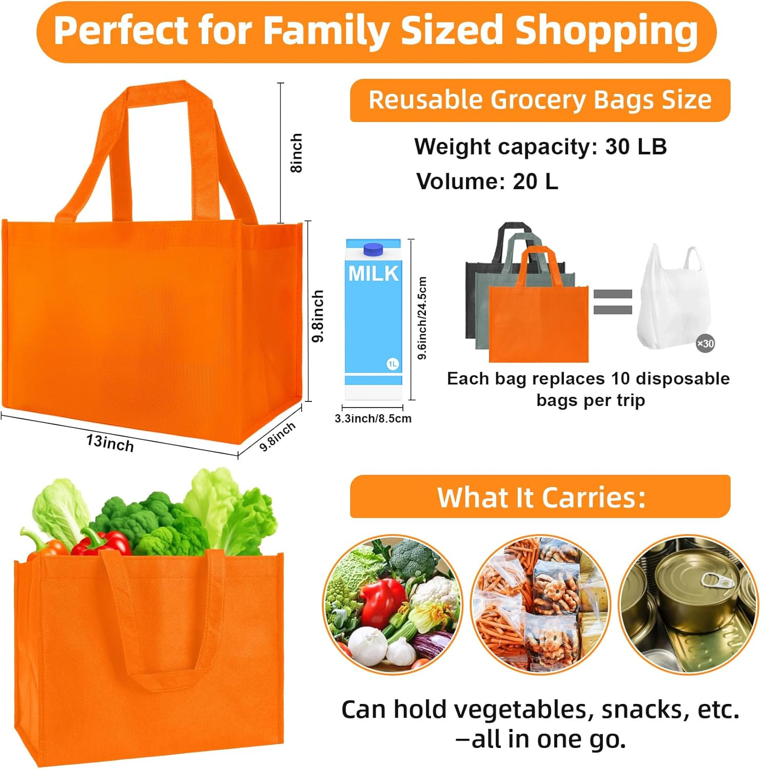 3 Pack Reusable Grocery Bags Heavy Duty Foldable Canvas Tote Large Shopping Bag
