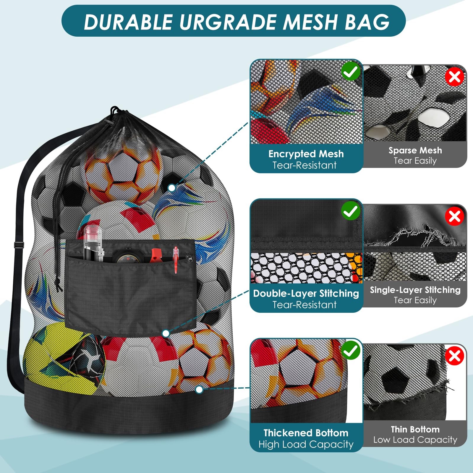Heavy Duty Soccer Ball Net Bag Drawstring Mesh Ball Bag with Zipper Pocket, S...