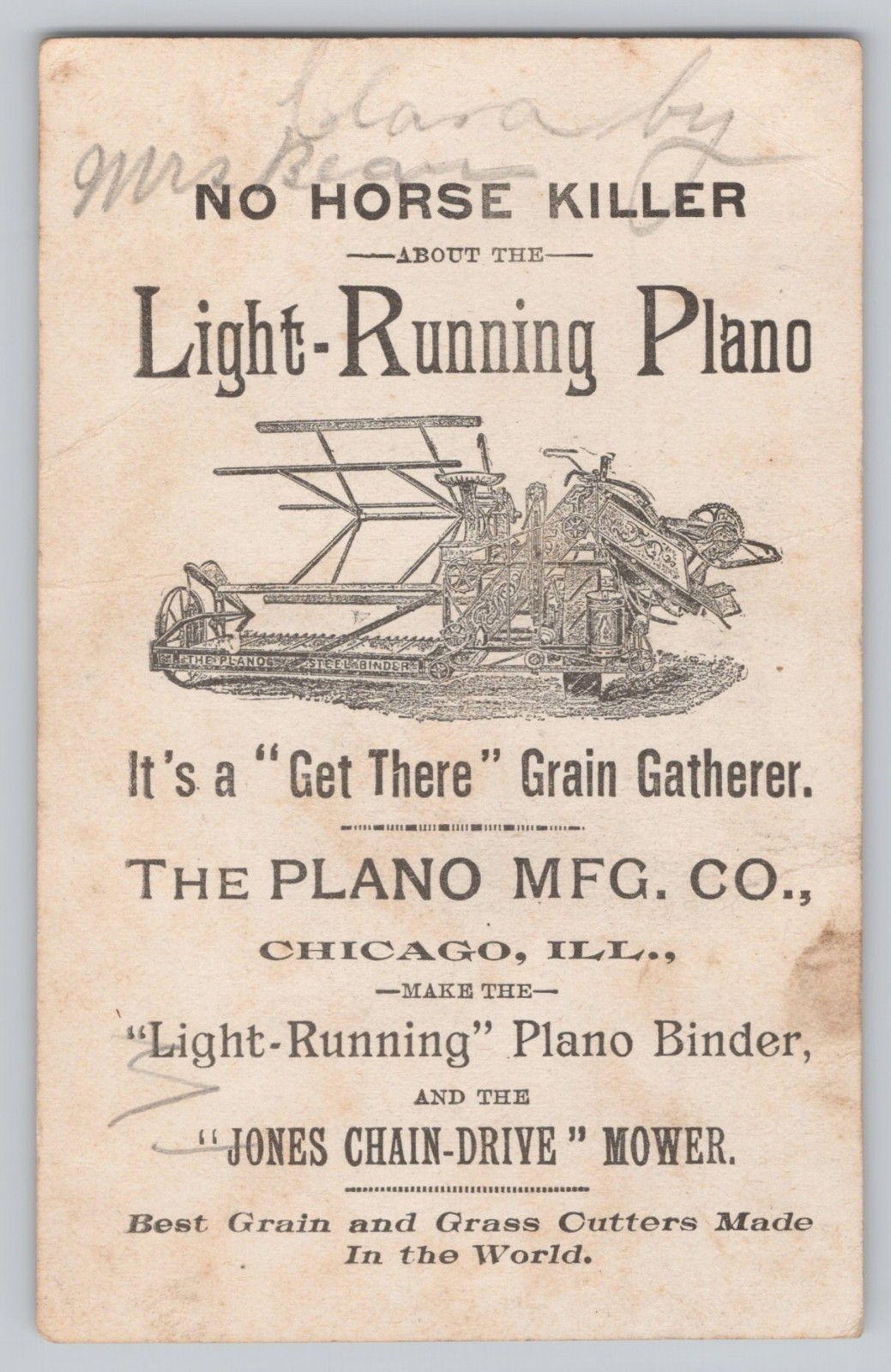 1893 Plano Mfg Co Chicago IL Light Running Grain Gatherer Harvester
