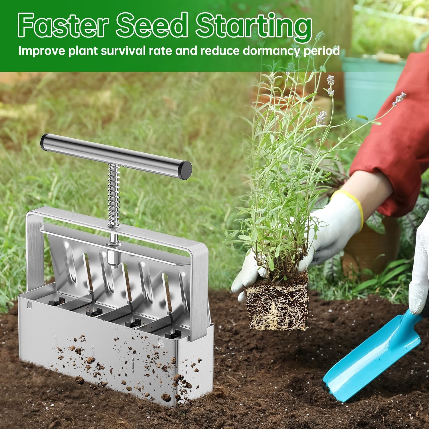 Soil Blocker, 4 Cell Soil Block Maker 2 Inch with 3 Sizes Seed PinsSeed Handheld