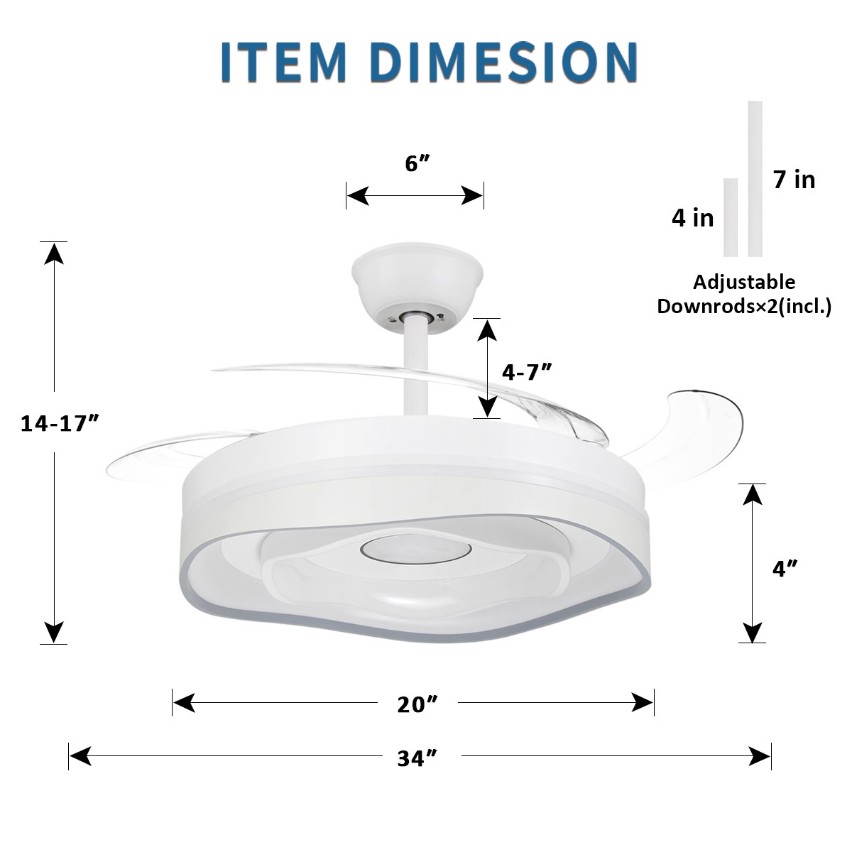 42" Modern 3 Color Light Ceiling Fan w/ Light Remote Control Retractable Blades
