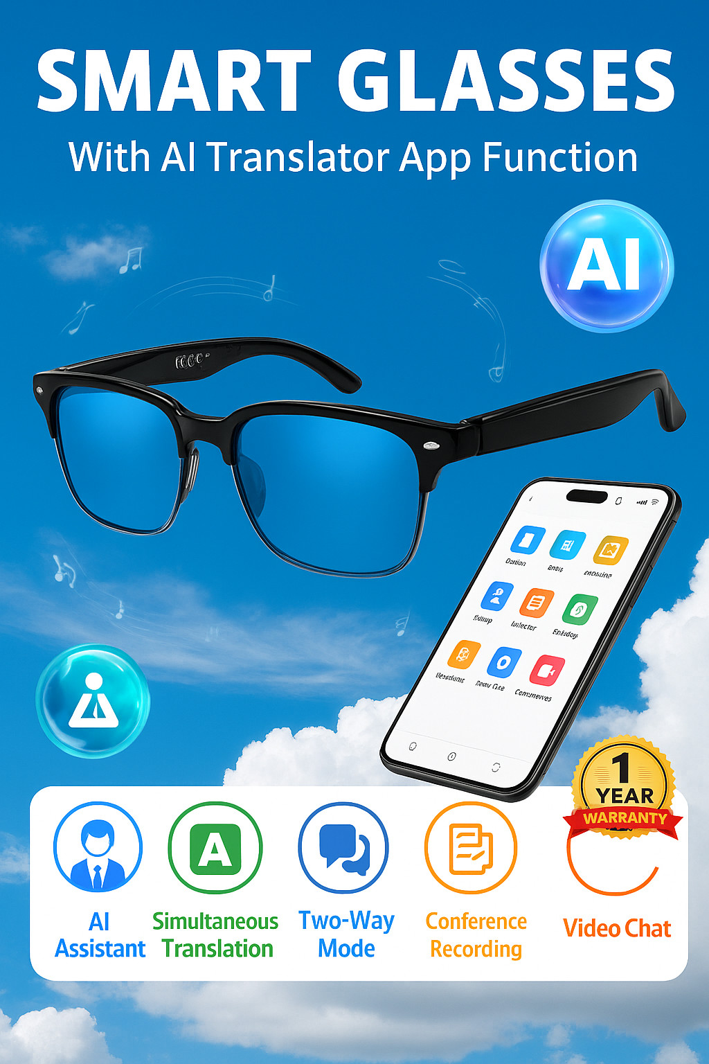 Smart Glasses AI Bluetooth Glasses 144+ Translation for Men & Woman Work Travel