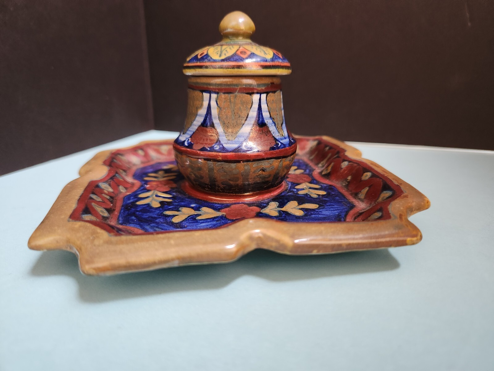 Majolica INKWELL, Societa Ceramica Umbra, Attached Tray & Lid Gubbio Italy