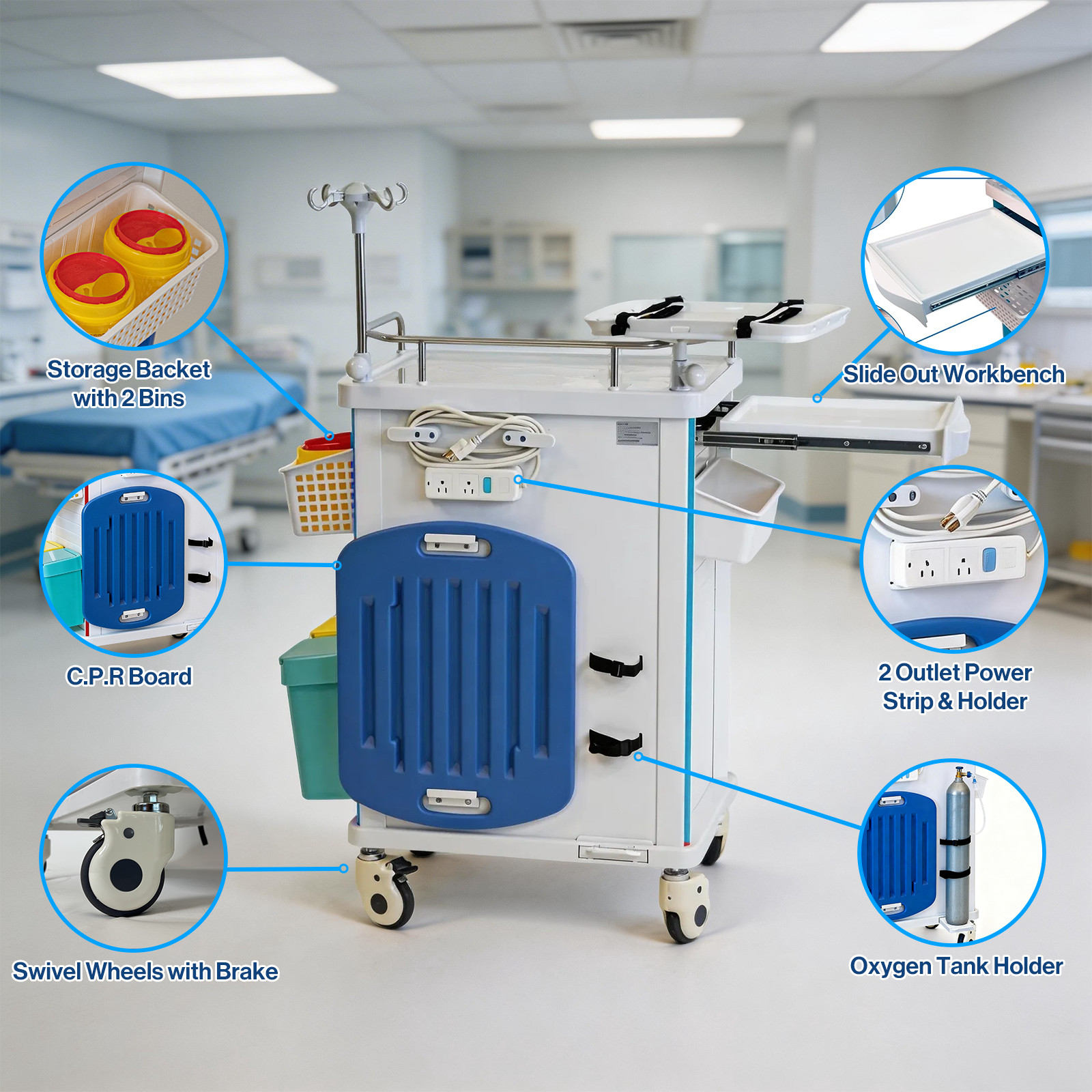 Medical Crash Cart with Emergency Accessory, Emergency Cart for Hospitals Clinic