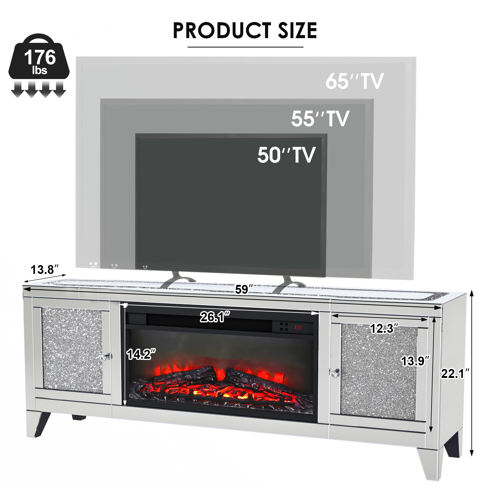 COSVALVE 59"Mirrored Fireplace TV Stand Entertainment Center Crush Diamond 2Door
