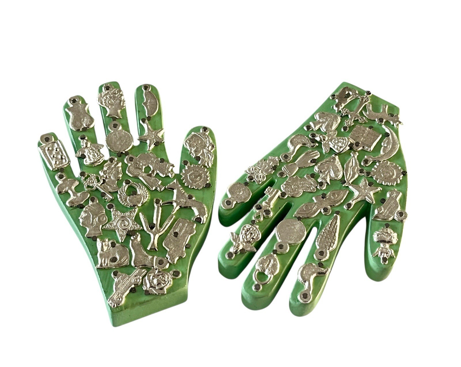 PAIR Mexican MILAGROS HANDS, Set (2) Small Hands With Charms, ExVotos GREEN