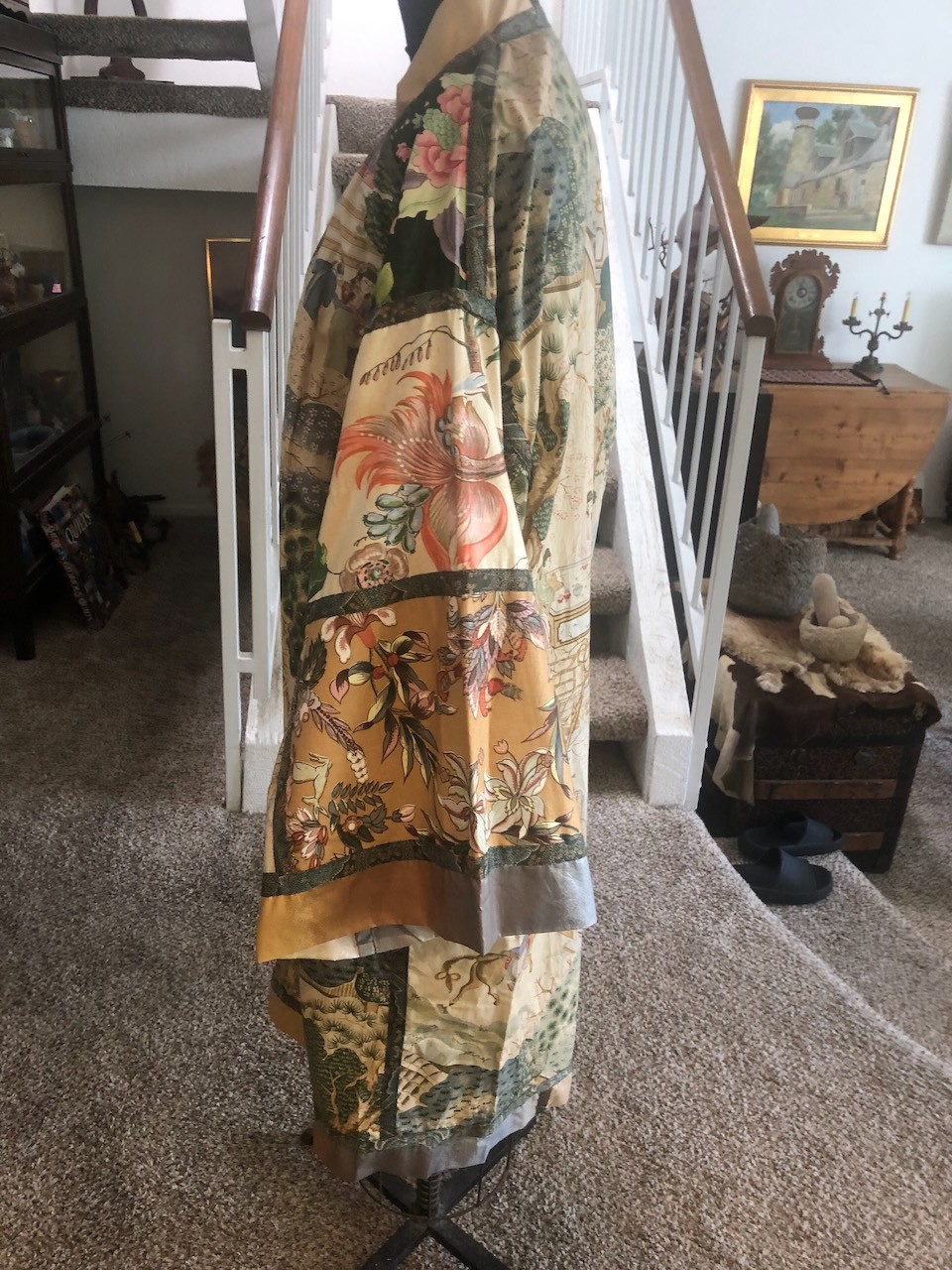 Handmade Cotton Kimono Robe with Obi Sash, Chinoiserie Print S