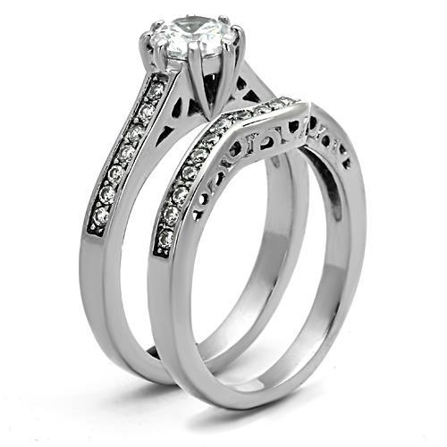 His Hers Stainless Steel Round CZ Engagement Promise 3 PC Ring Band Guard Set U