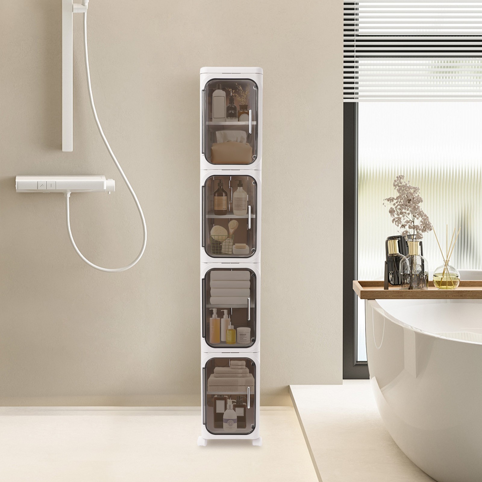 4-tier Slim Bathroom Storage Cabinet, Narrow Floor Standing Storage Cabinet