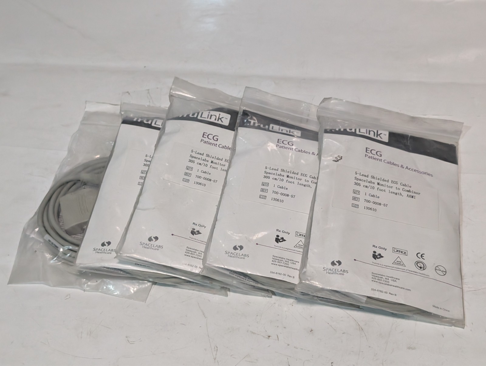 Lot of 5 TruLink 700-0008-57 5-Lead Shielded ECG Cables, 10ft AAMI Spacelabs