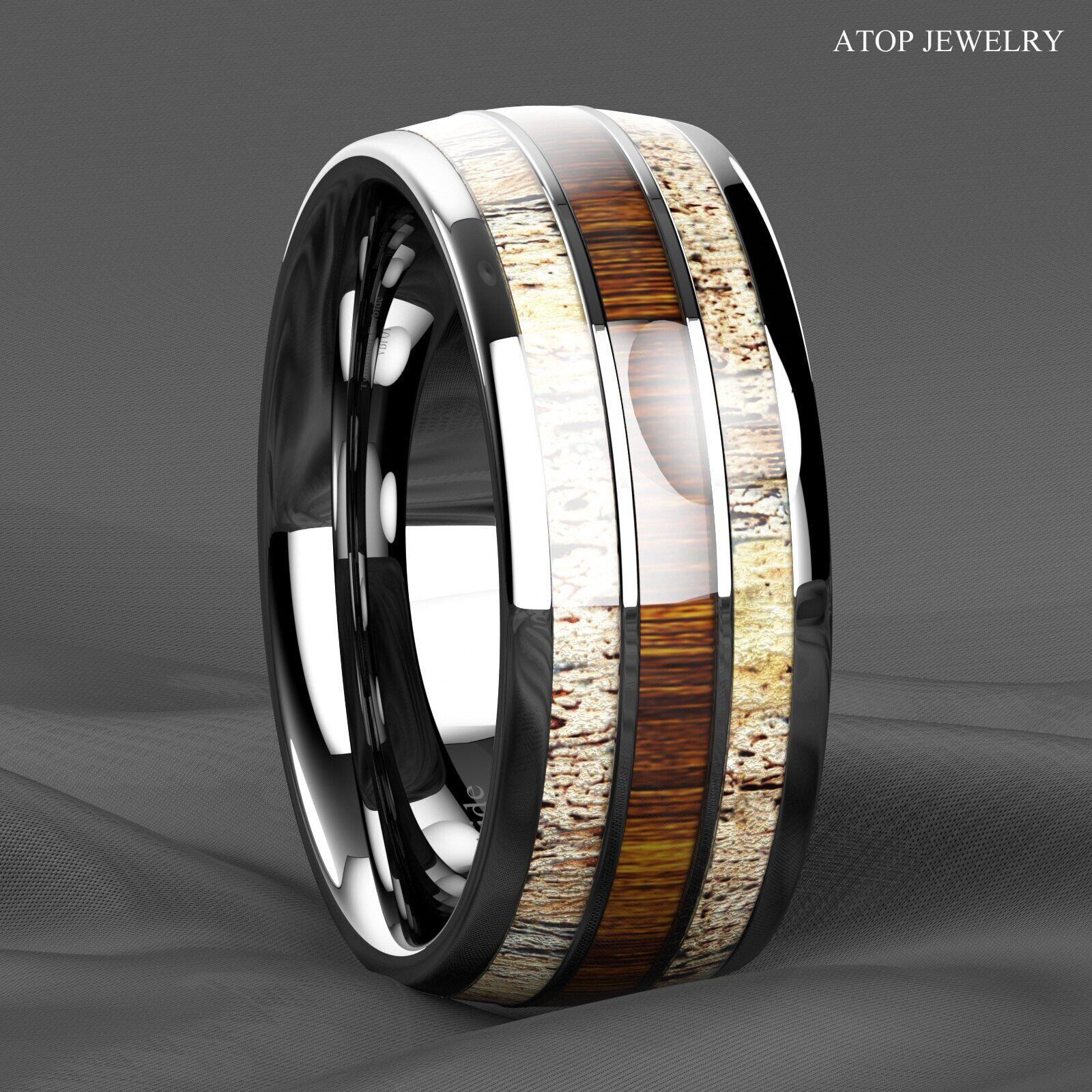 8mm Silver Tungsten Ring With Deer Antler Koa Wood Men Wedding Band ATOP Jewelry
