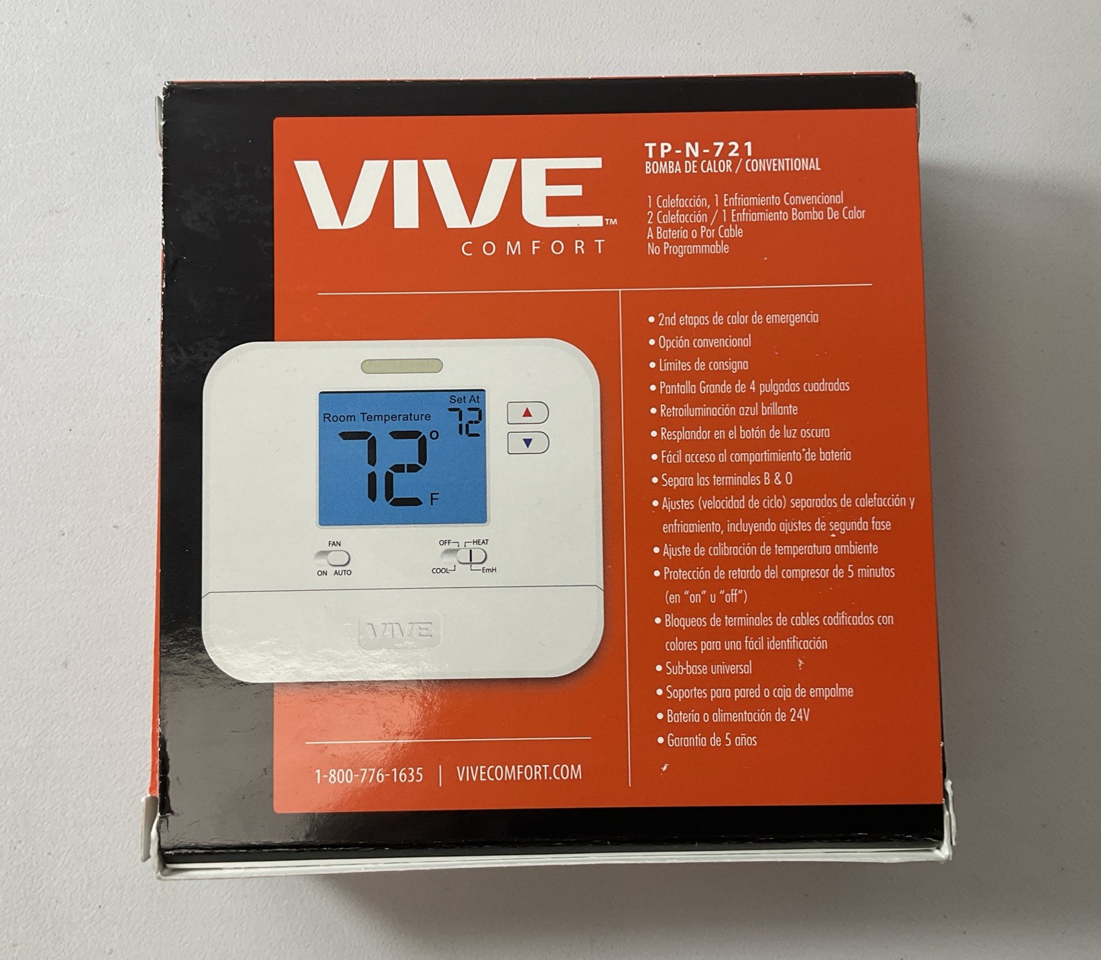 VIVE Comfort Thermostat TP-N-721 Heat Pump/Conventional-2 Heat 1 Cool Stages HP