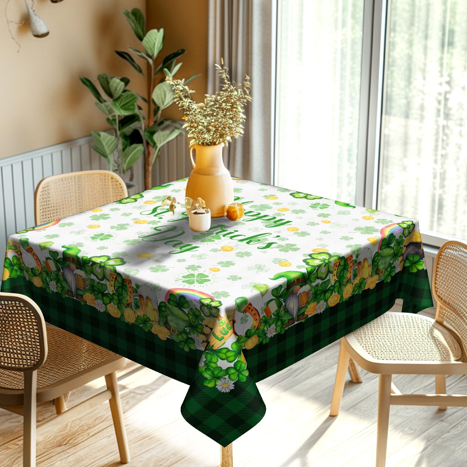 Happy St. Patricks Day Tablecloth 52x52 Inch Square Green Shamrock Gnome Tabl...
