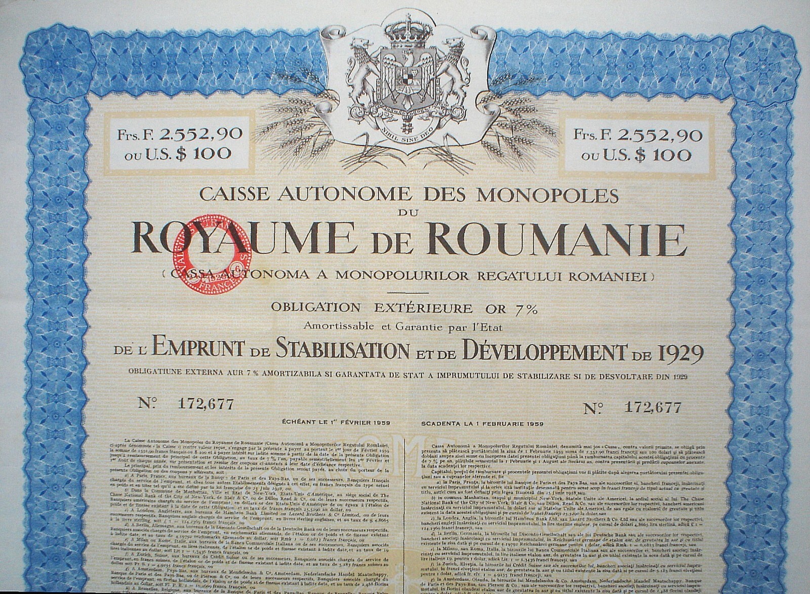 Kingdom of Romania 100 US$ Monopolies Inst. Gold Bond to Bearer uncanc. coupons