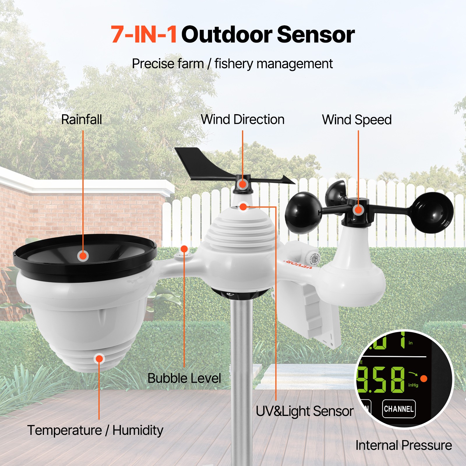 VEVOR 7-in-1 Wi-Fi Weather Station 7.5 in Color Display Wireless Outdoor Sensor