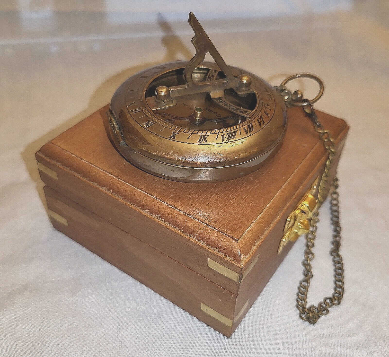 Sun Dial Pocket Watch Brass Compass Chain Antique Old Gold Lustre Wooden Box UK