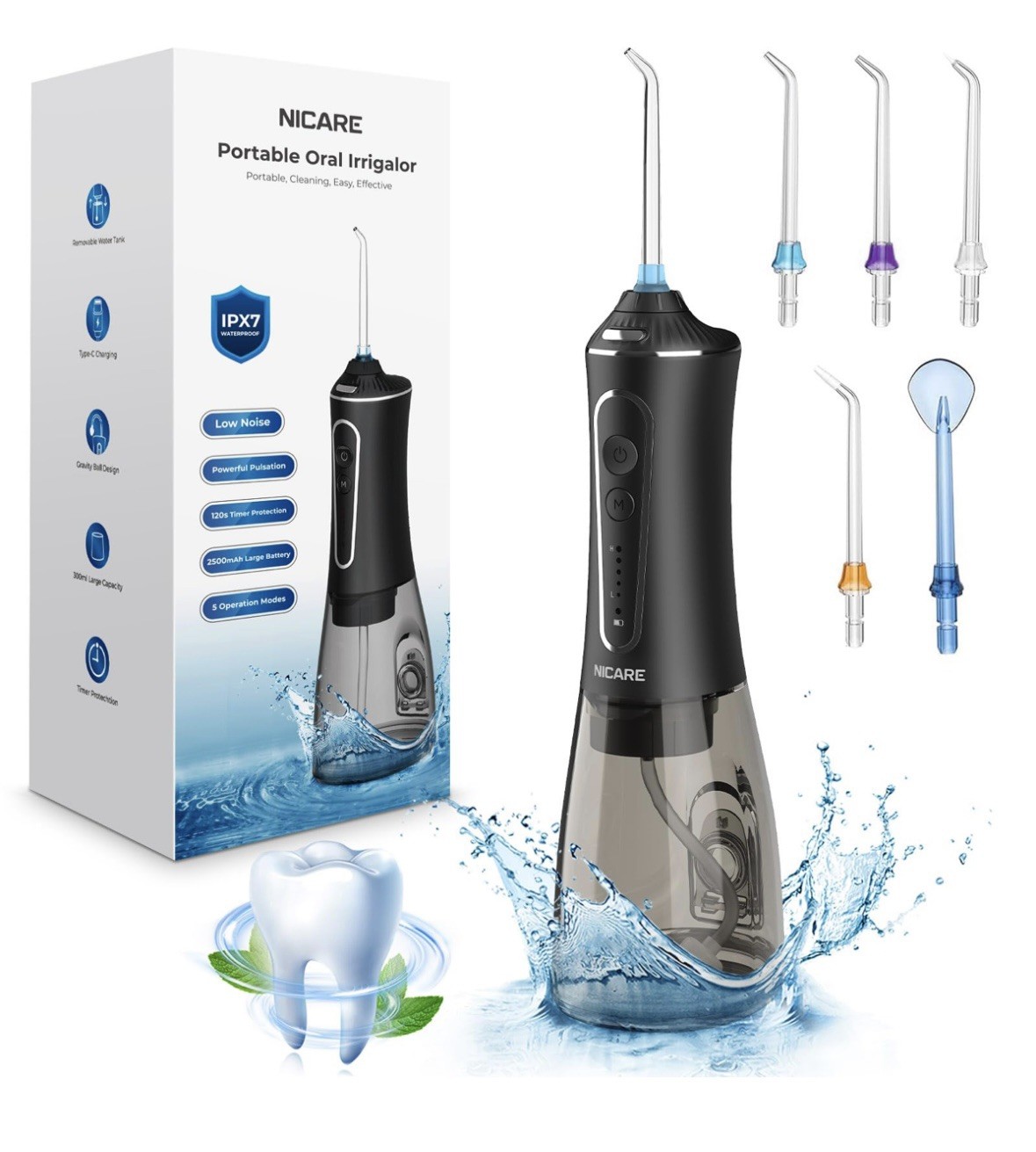 Cordless Rechargeable Water Dental Flosser Oral Irrigator with 5 Modes & 5 Tips