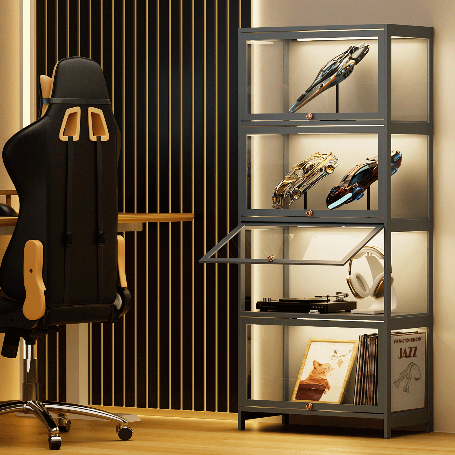 4 Tier 23"Display Cabinet Filp Up Acrylic Door Wine Showcase Craft Storage Shelf