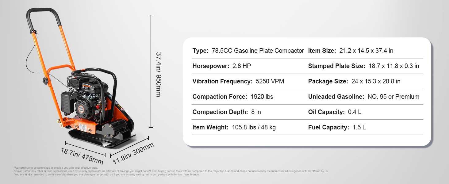 Plate Compactor 2.8/6.5 HP Force Vibratory Compaction Tamper for Walkways,Patios