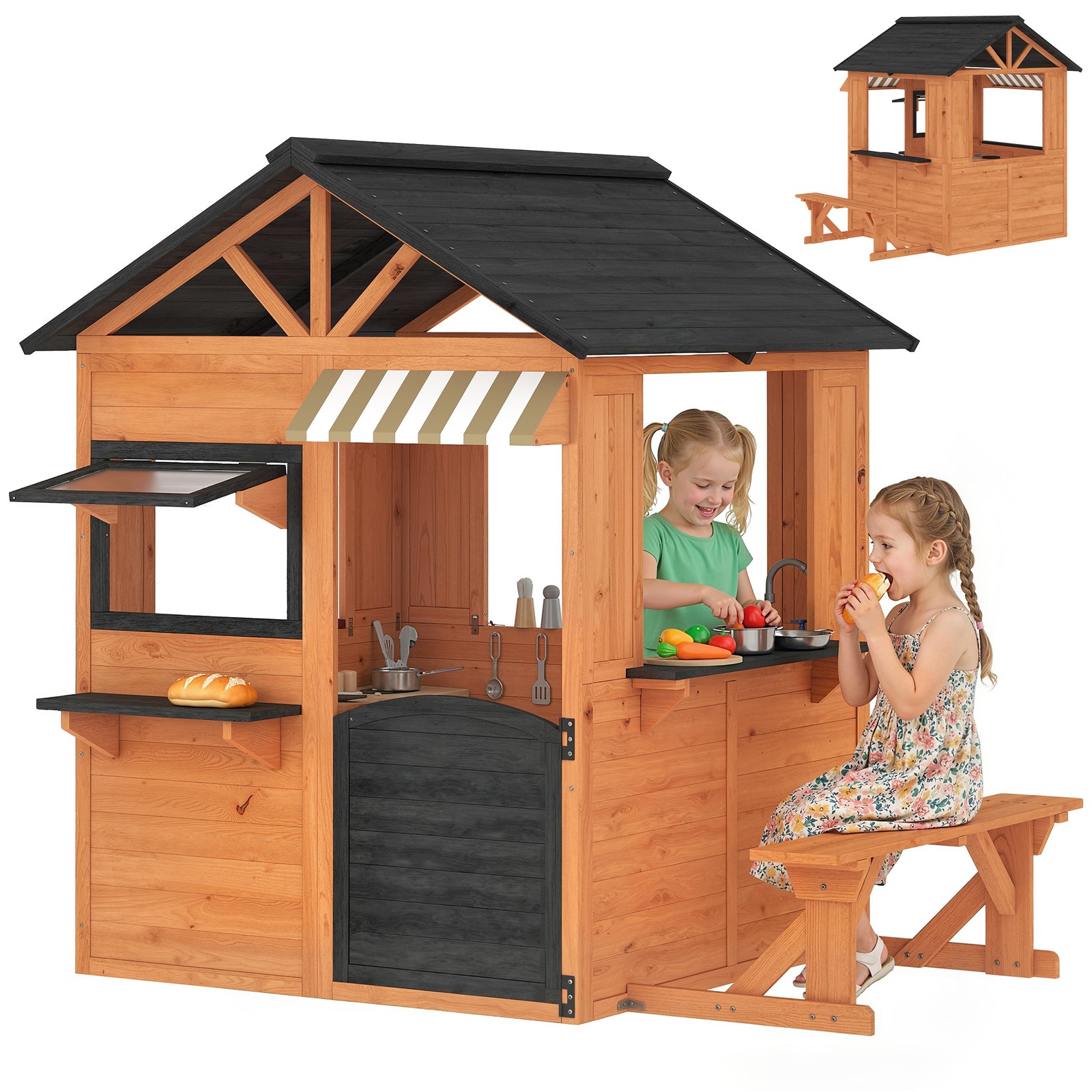 Qaba Outdoor Playhouse, Wooden Kids Playhouse with Play Kitchen and Bench