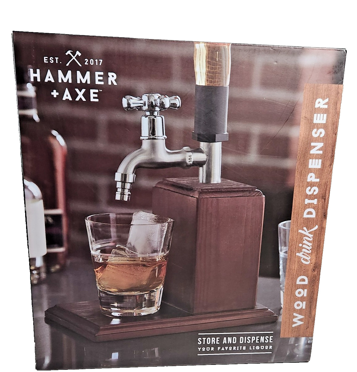 Hammer & Axe Wood Drink Dispenser Your Favorite Liquor