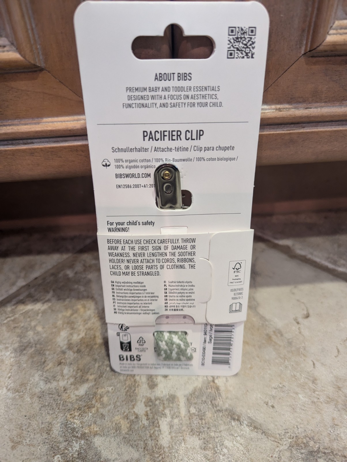 Bibs Universal Pacifier Clip Braided Sage/Ivory Fits All Bibs Pacifiers