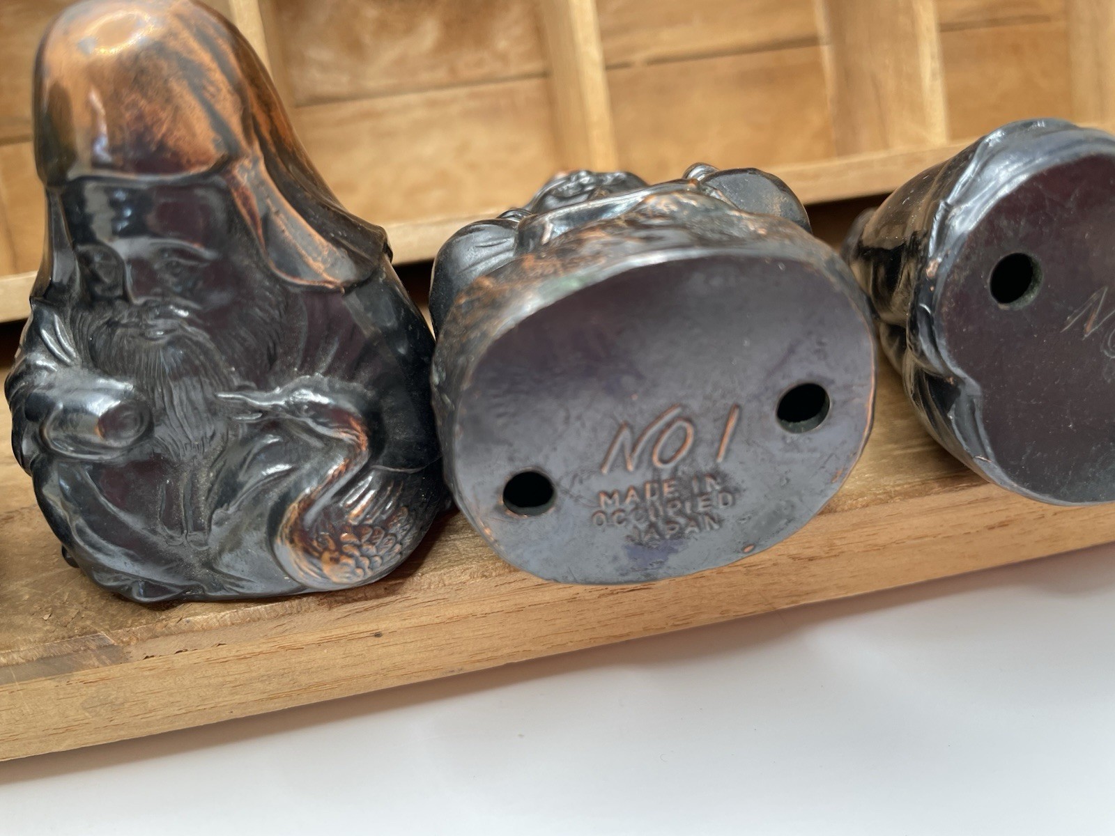 7 SEVEN IMMORTAL GODS Good Fortune Metal Numbered Figures Occupied JAPAN Box Vtg