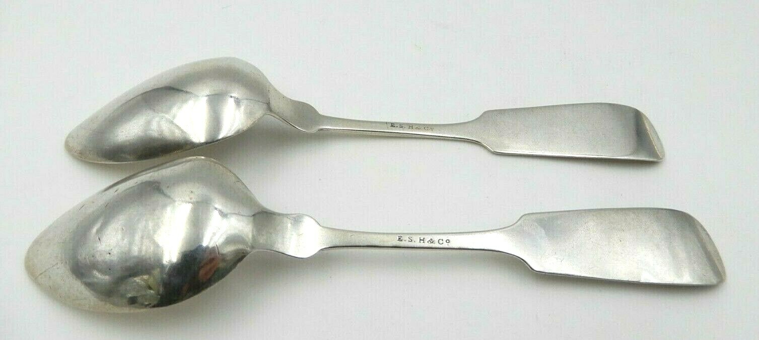 ANTIQUE SET OF TWO E.S. HUNTINGTON CO. (CT) MONOGRAMMED COIN SILVER SPOONS