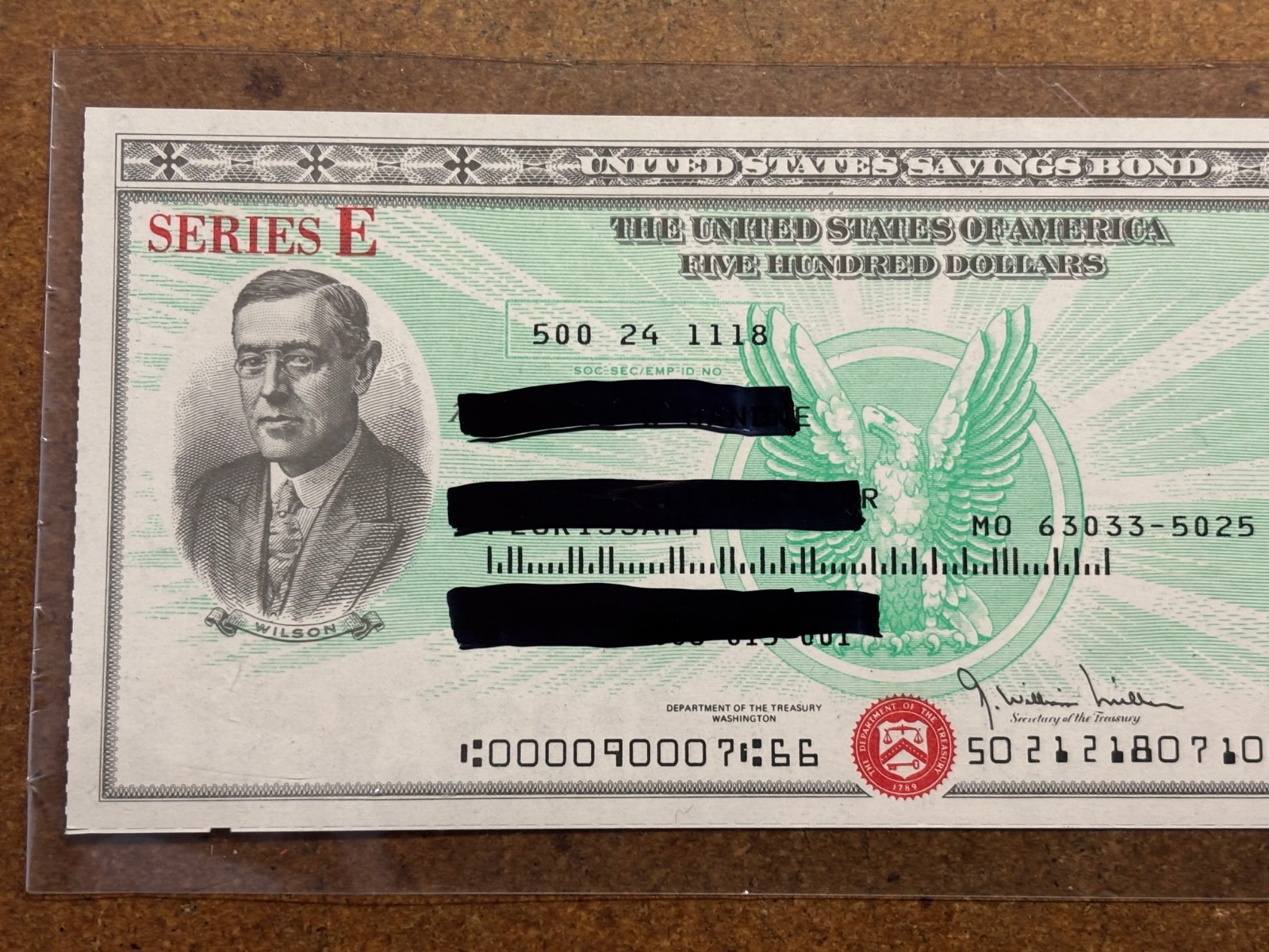 1968 Series E $500 SAVINGS BOND Woodrow Wilson MARKER NOT ON BOND Kansas City