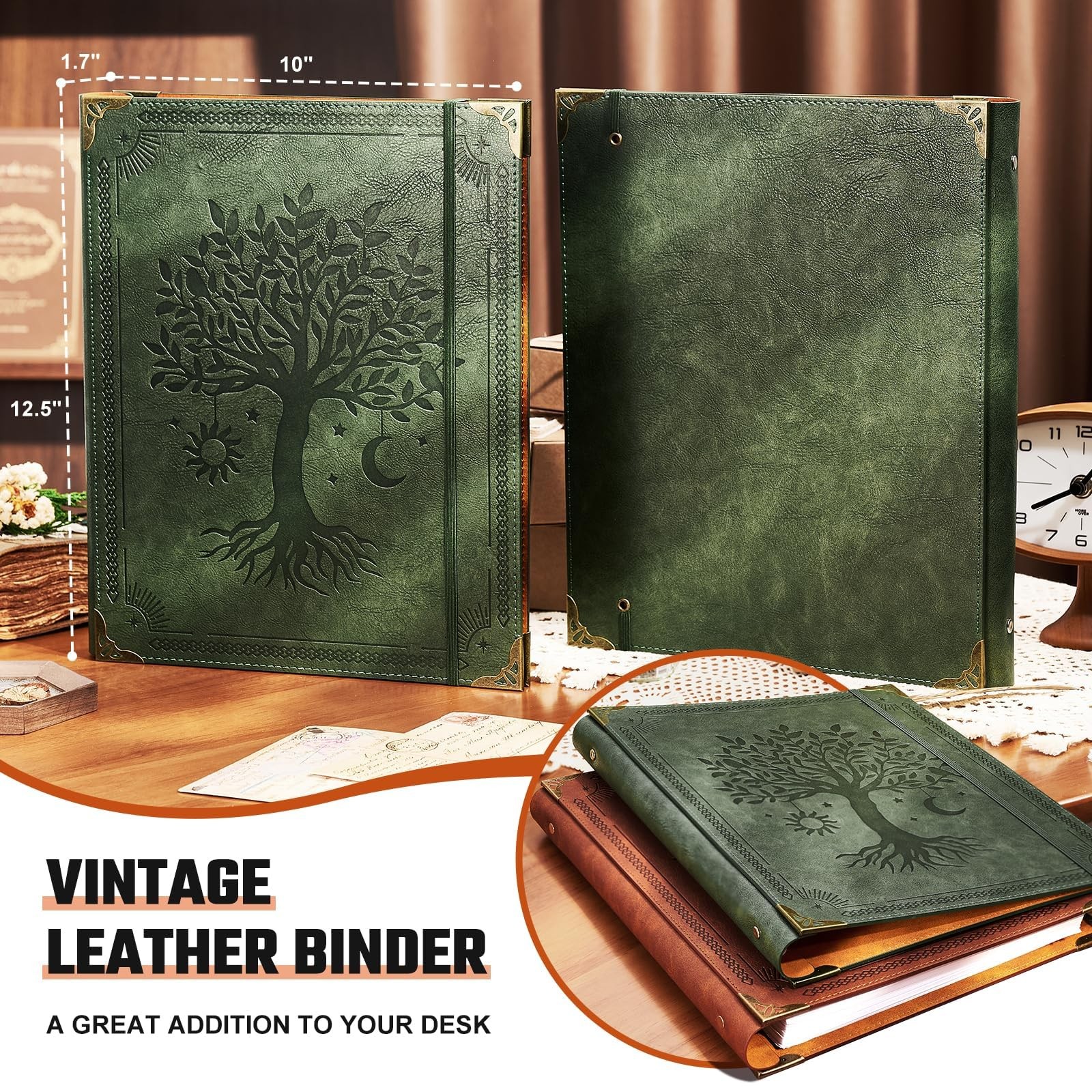 Leather 3 Ring Binder Fits 8.5"x11" Letter Size Paper, 1 Inch Round Ring Bind...