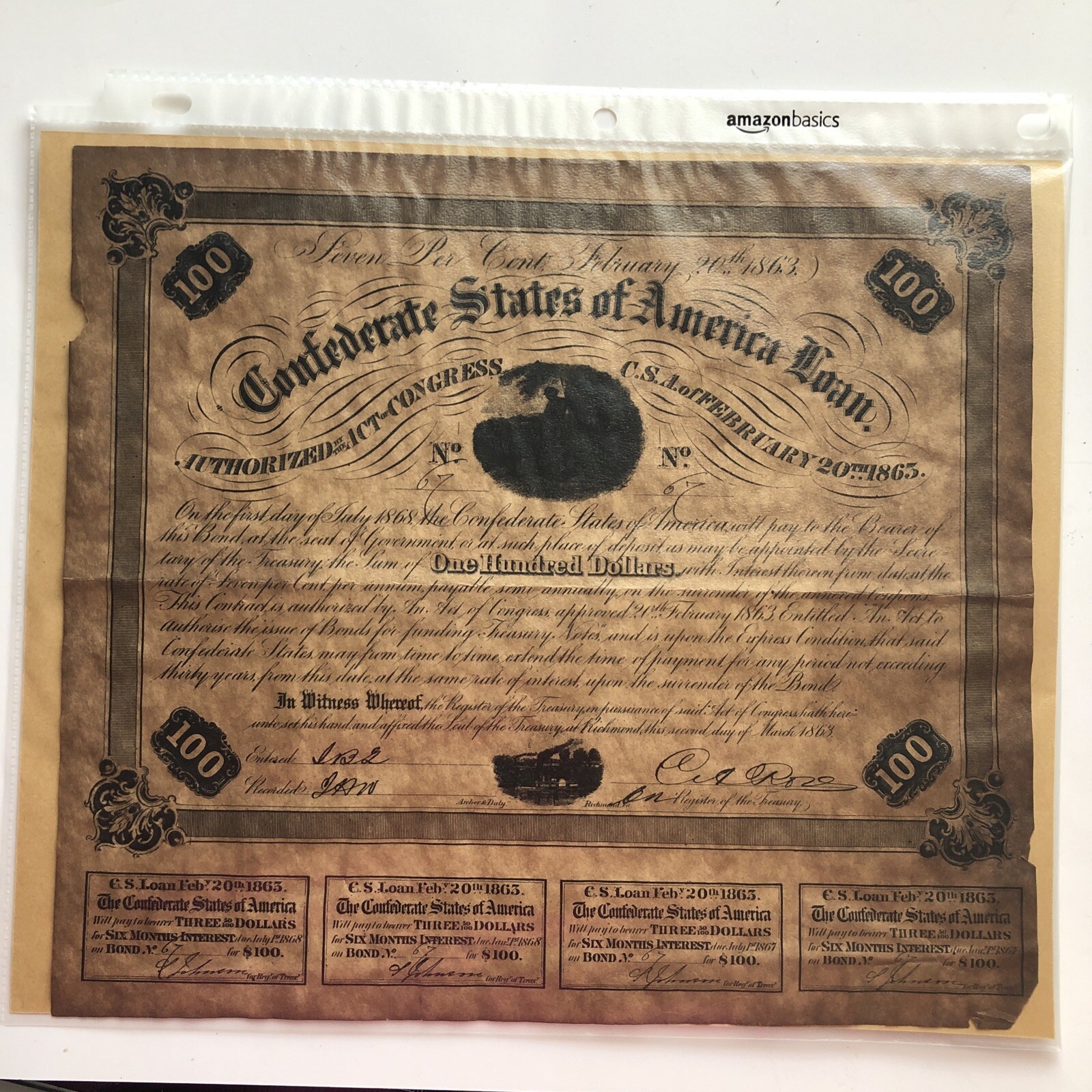 Antique Feb 1863 Confederate States of America Loan Bond #67 100$ Richmond