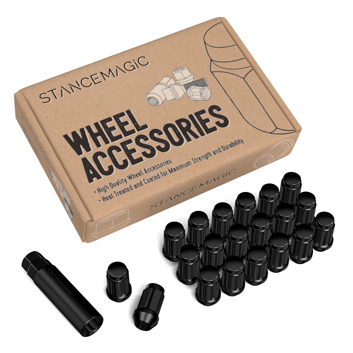 20pc 12x1.25 Lug Nuts | Black Cone Seat | Long Spline Closed End | Includes Key