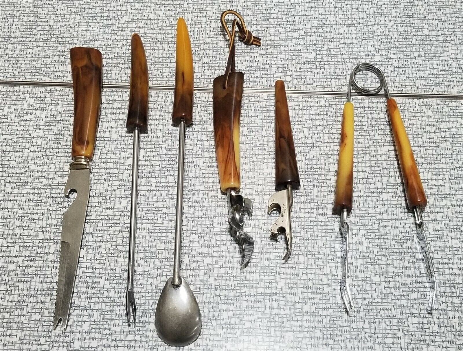 Vintage SET of 6 Barware UTENSILS Bar Tools Marbled BAKELITE HANDLES Sheffield