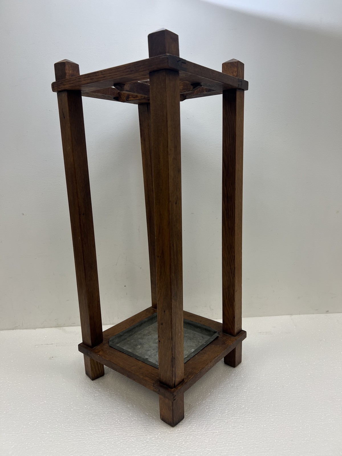 Antique Arts & Crafts Umbrella Stand Metal Drip Tray vintage mission wood sikes