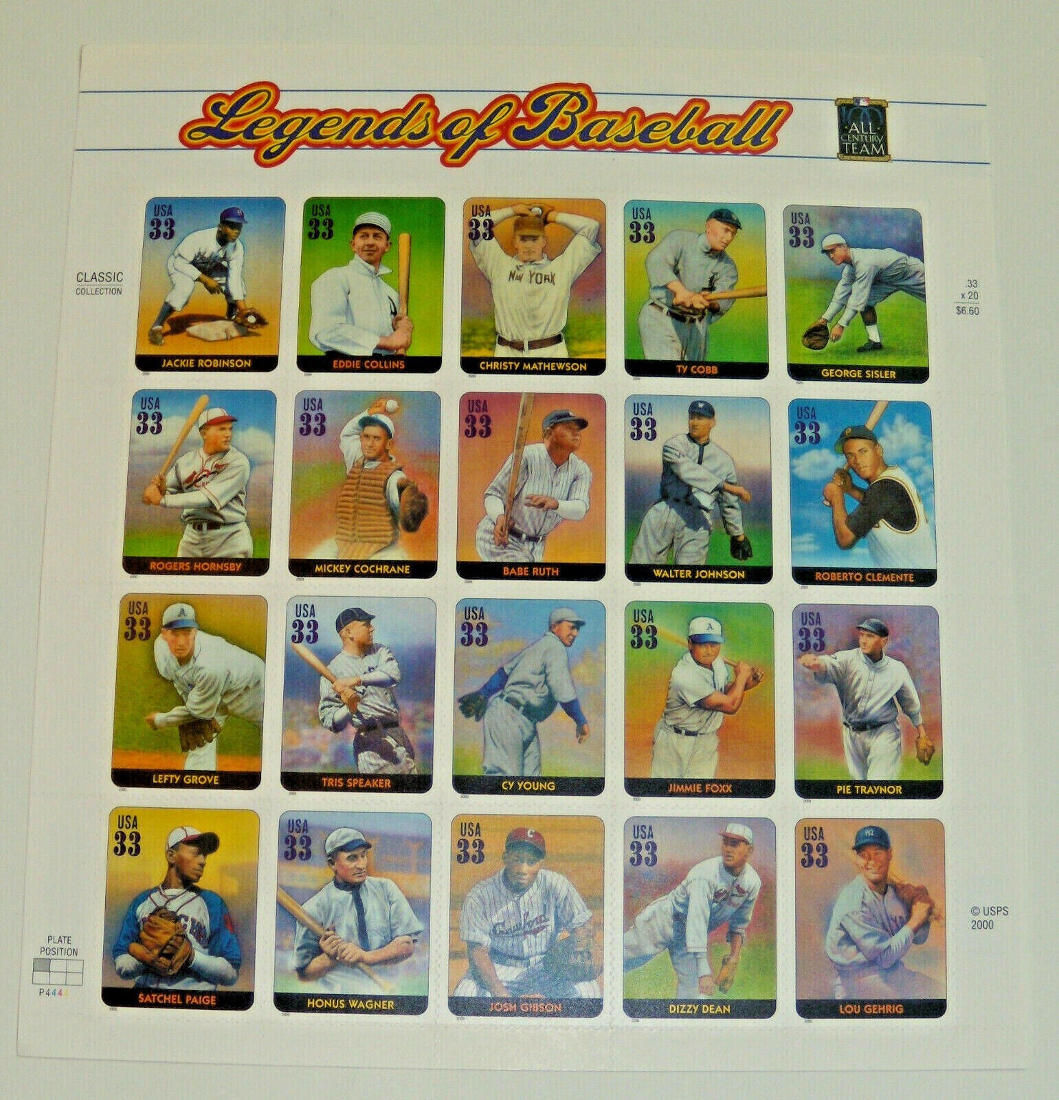 Four Sheets x 20 = 80 of LEGENDS OF BASEBALL 33¢ US Postage Stamps USA Sc # 3408