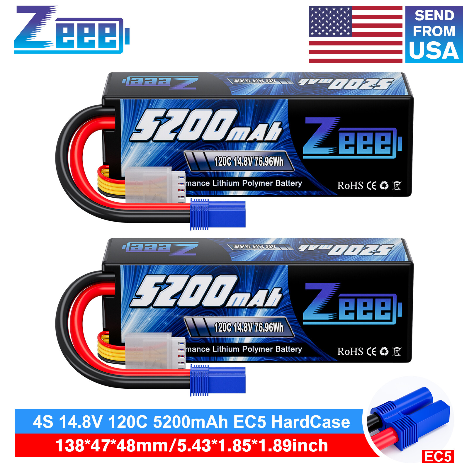 2x Zeee 4S LiPo Battery 5200mAh 14.8V 120C EC5 for RC Car Truck Crawler Monster