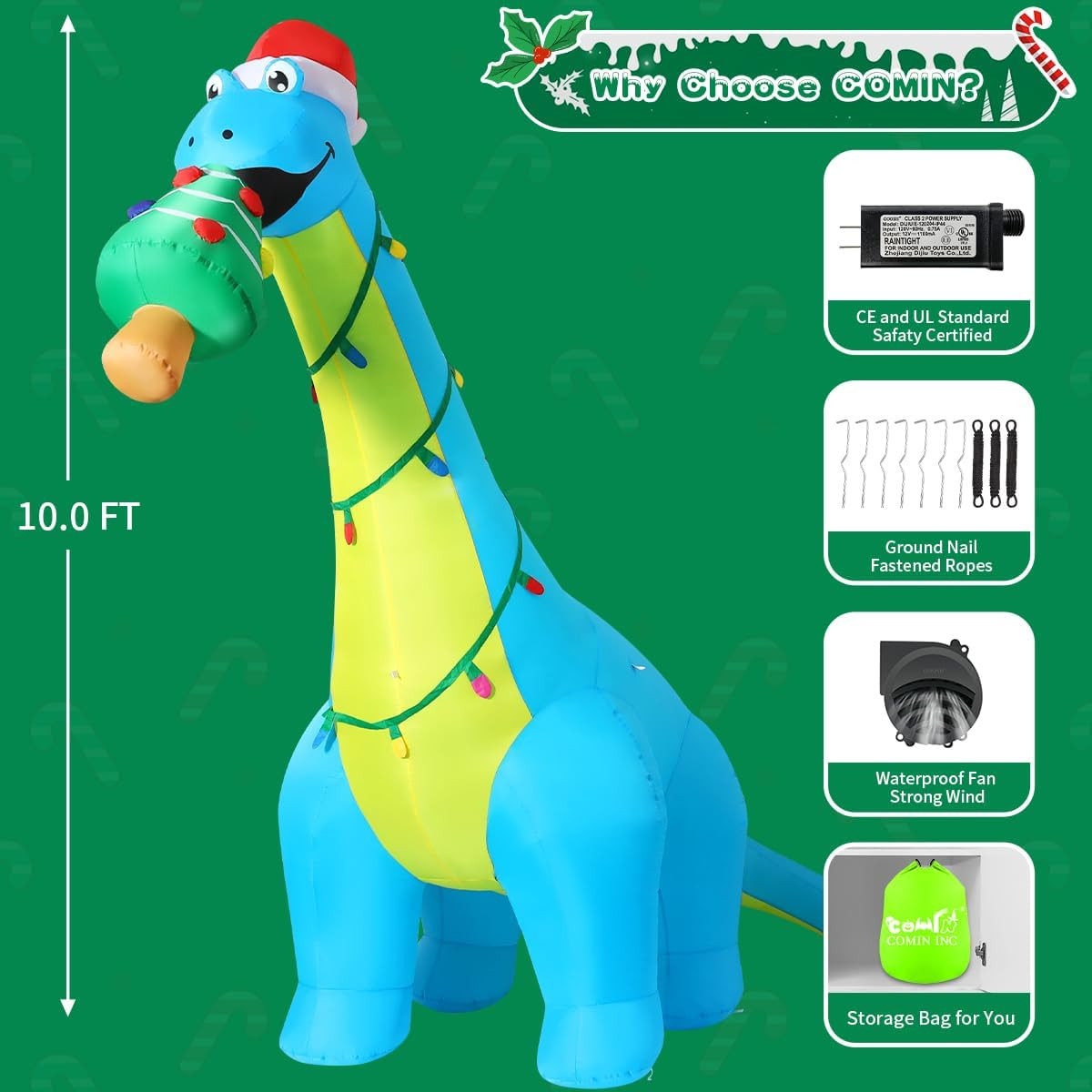 10Ft Christmas Inflatables Outdoor Decorations, Blow up Dinosaur Christmas Tree