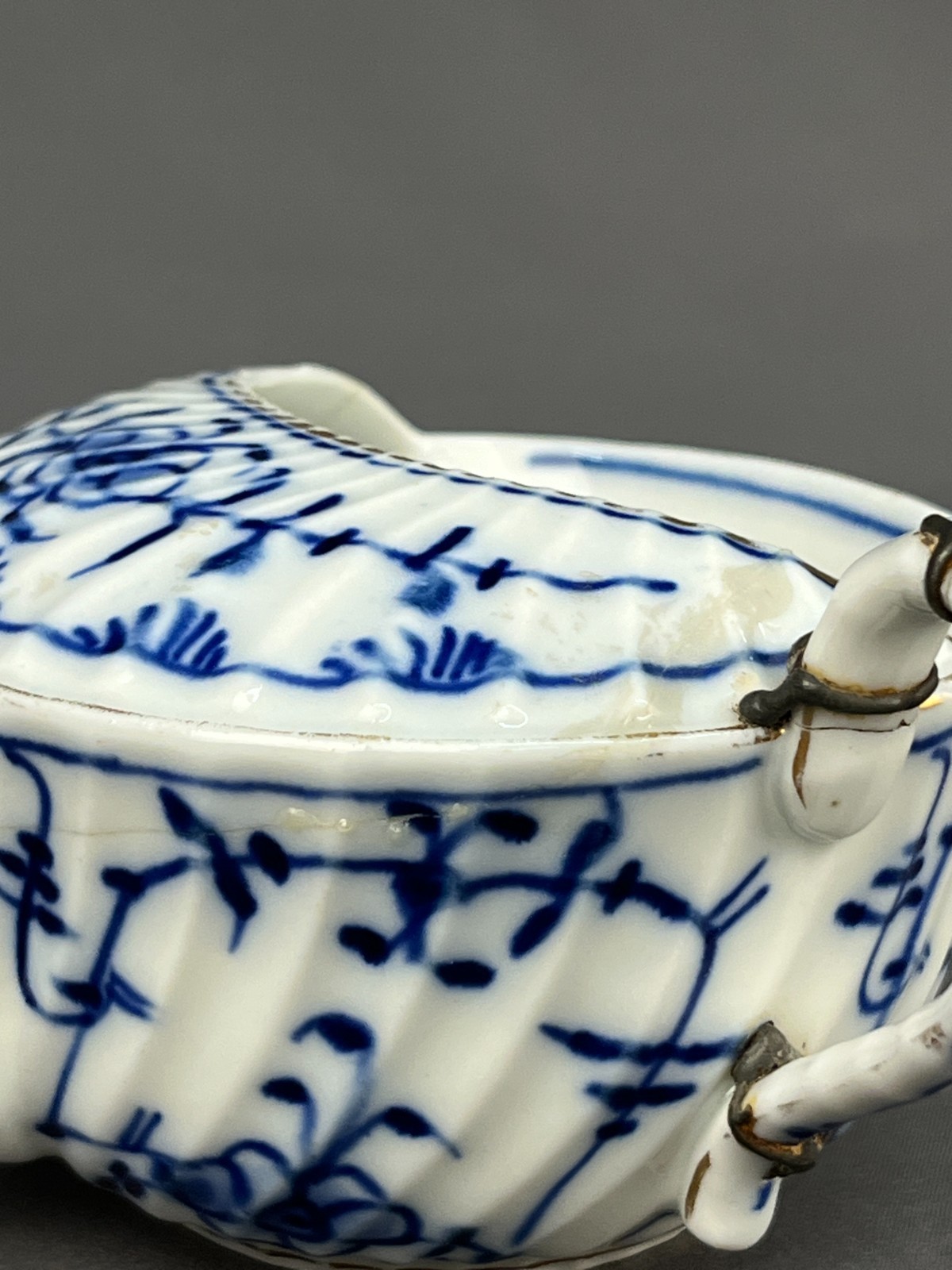 Royal Tettau BLUE ONION Invalid Feeder Pap Boat w/STAPLE REPAIR MAKE DO c. 1885