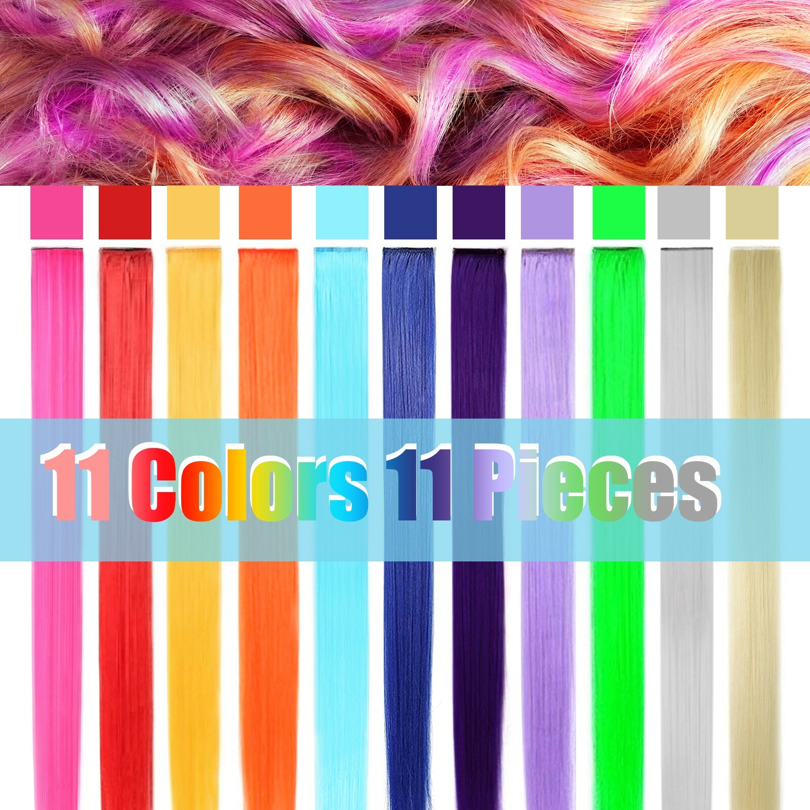 11pcs Multi-Color 21" Straight Party Clip In Synthetic Hair Extensions Cosplay