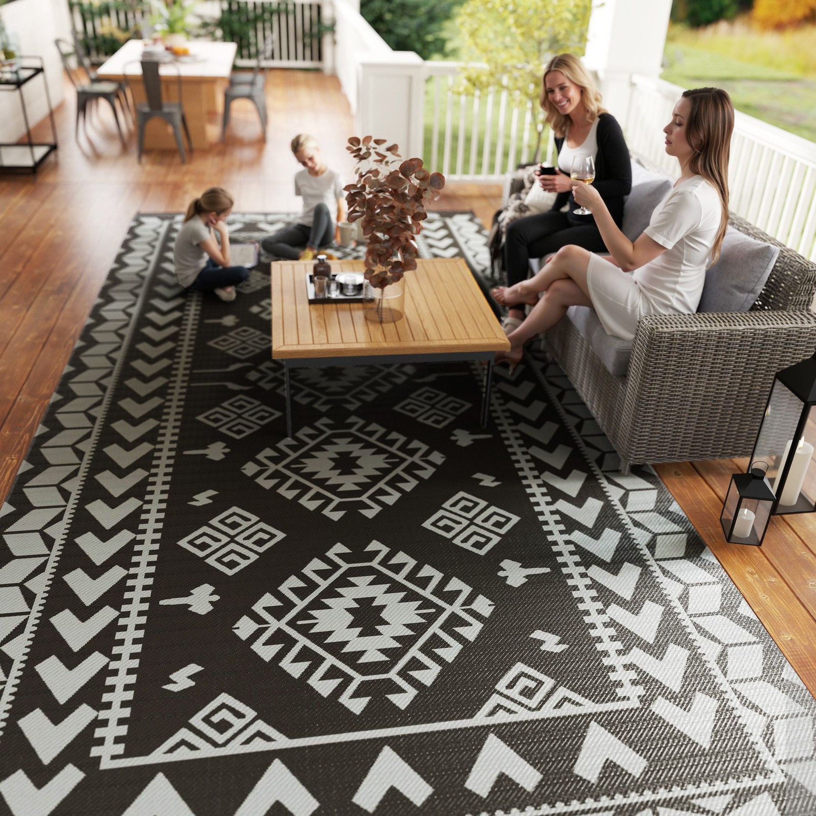 Outsunny Outdoor Rug, 9' x 18' Floor Mat, Black Gray Rhombus Patchwork