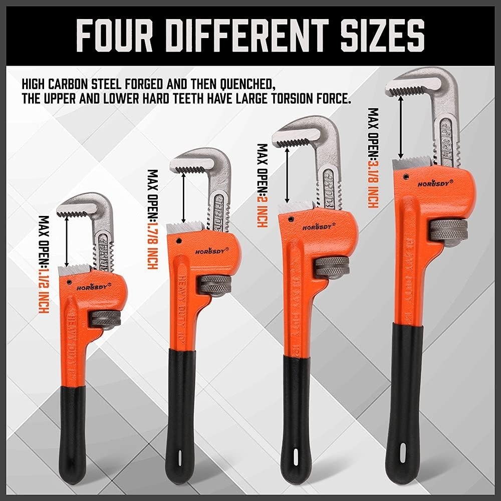 4 Pack Heavy Duty Pipe Wrench Set Adjustable 8" 10" 12" 14" with Storage Bag