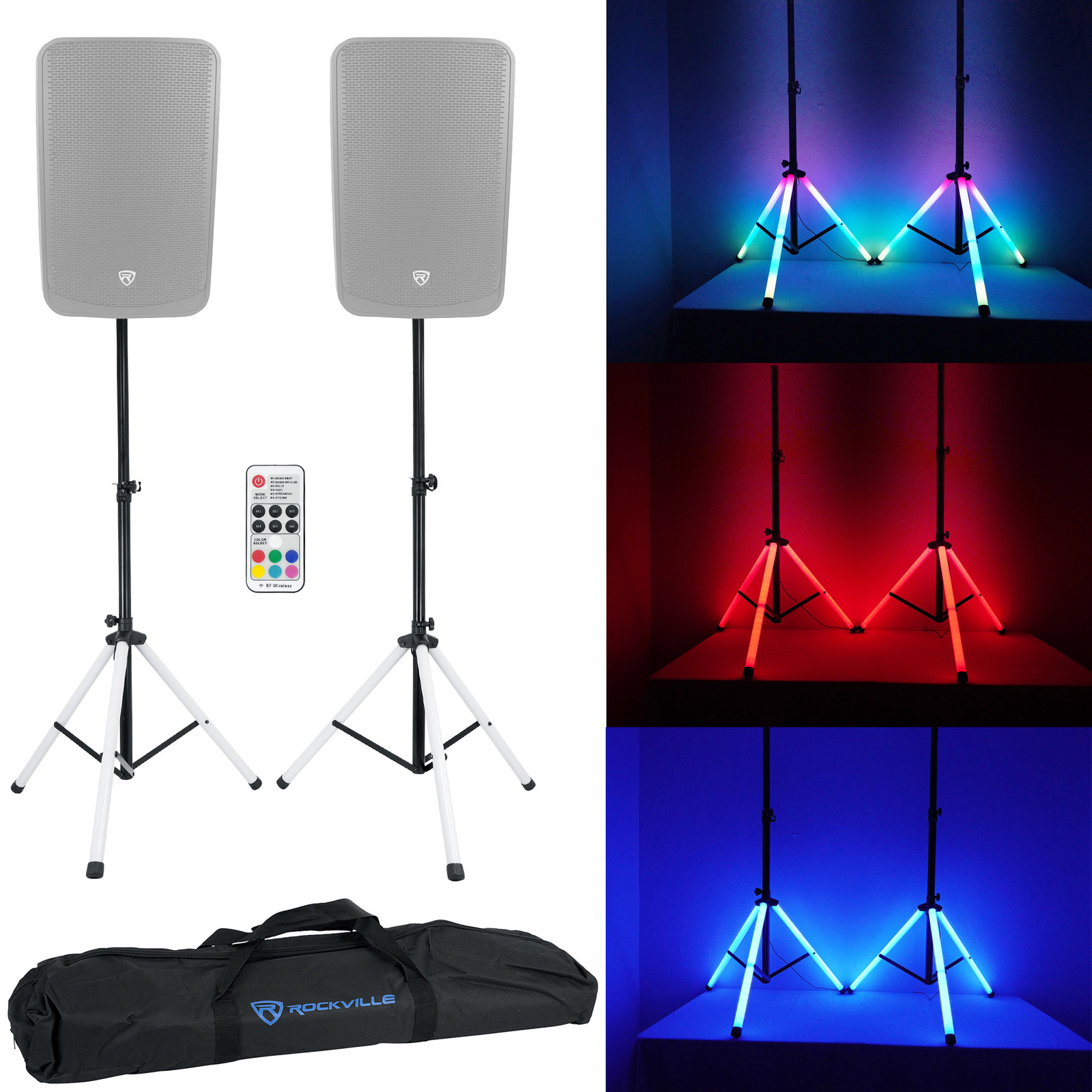 2) Rockville PARTY STAND LED DJ Tripod Speaker Stands+RGB Remote+Sound Activated