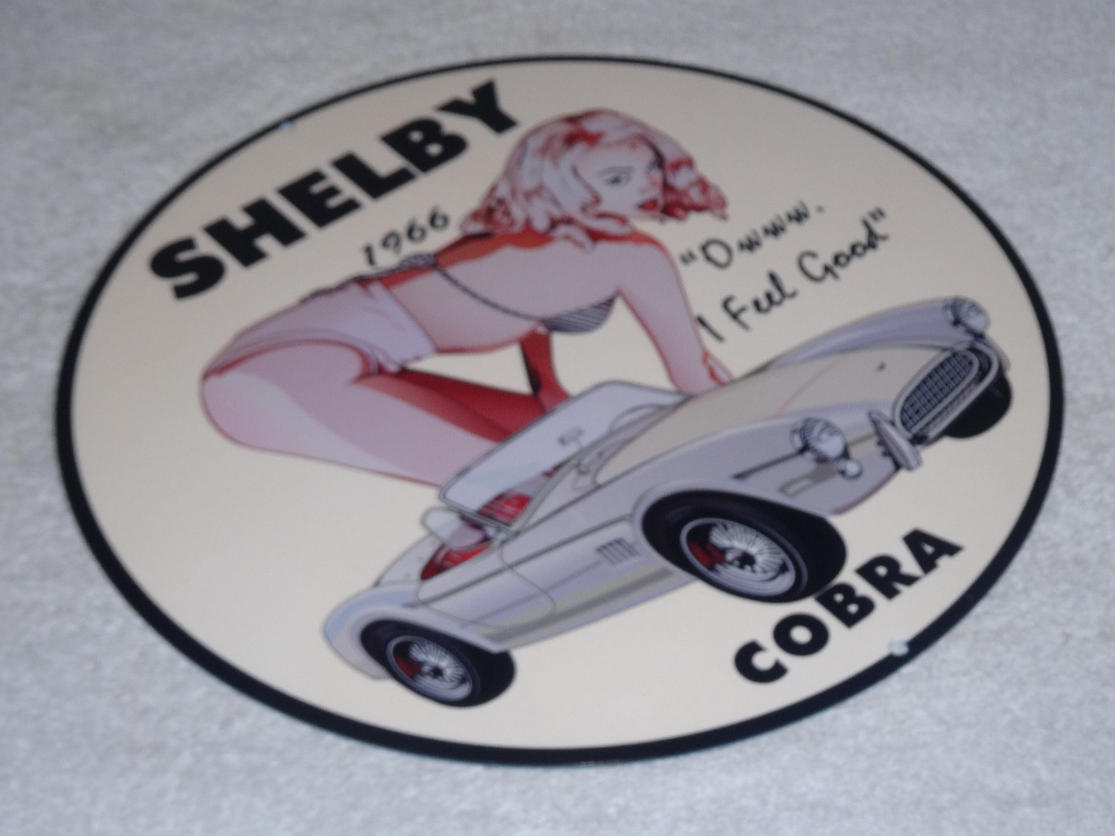VINTAGE 1966 FORD SHELBY COBRA SPORTS CAR & WOMAN 12" METAL GASOLINE & OIL SIGN!