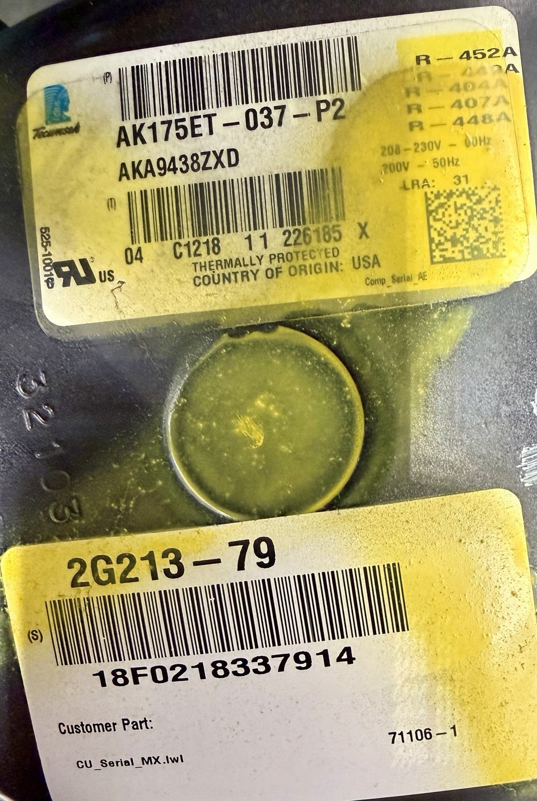 Tecumseh Celseon AKA9442ZNADJ Condensing Unit 1/2 HP, R-404A, 208-230V, 2G213-79