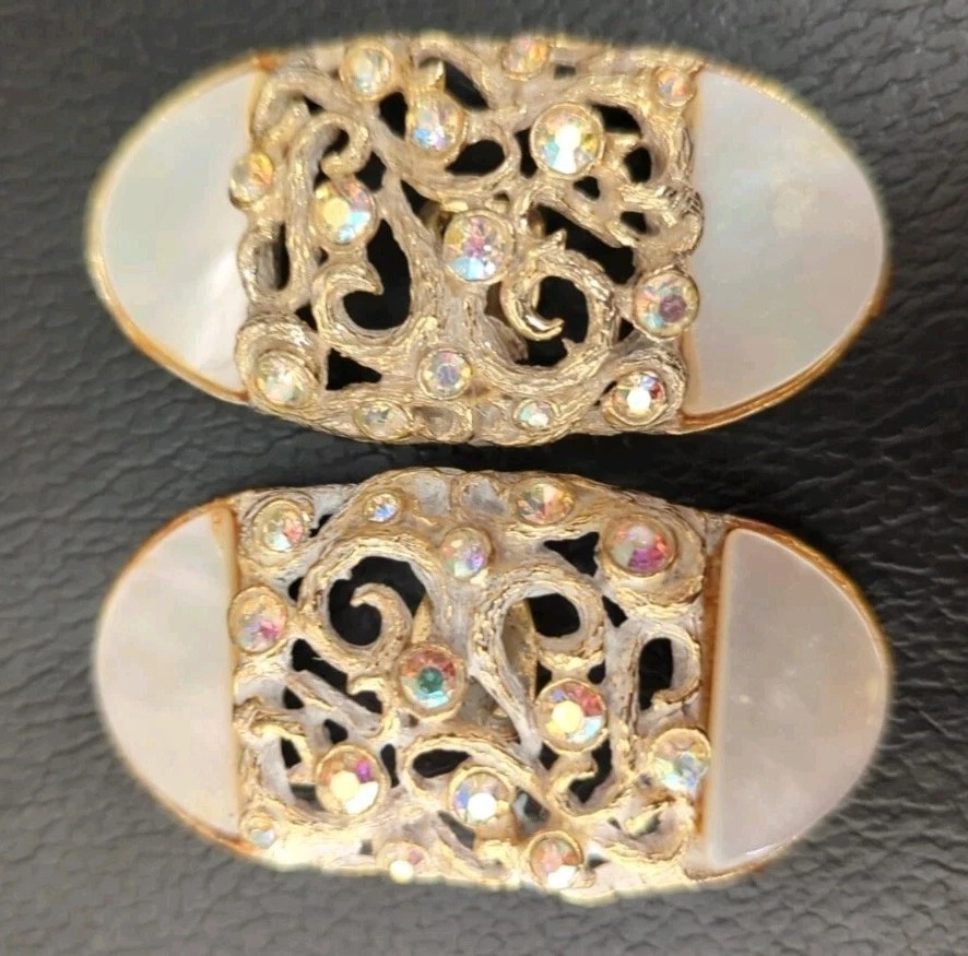 Vintage Musi Rhinestone Shoe Clips Silver Amber Oval Intricate Scrolling