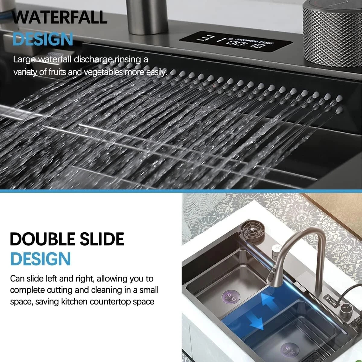 Stainless Steel Waterfall Kitchen Sink Set 29.53x18.11” w/ Digital Faucet Black