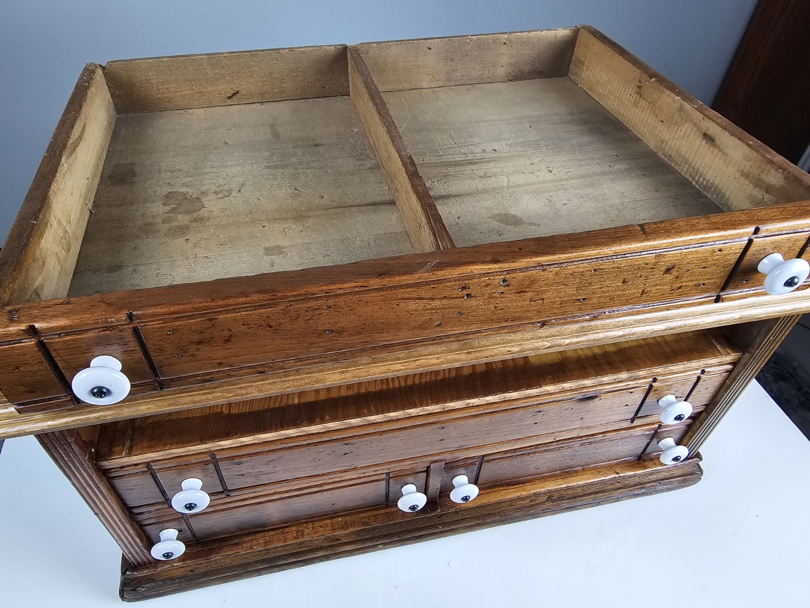 Vintage Wooden Spool Cabinet Craft Sewing Box Organizer Drawers Rustic Storage