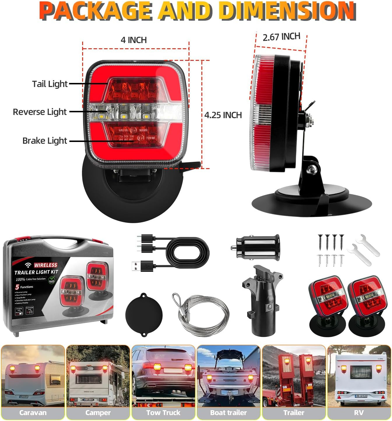 Upgraded Wireless Trailer Lights Magnetic, Rechargeable Tow Light Kit with Adjus